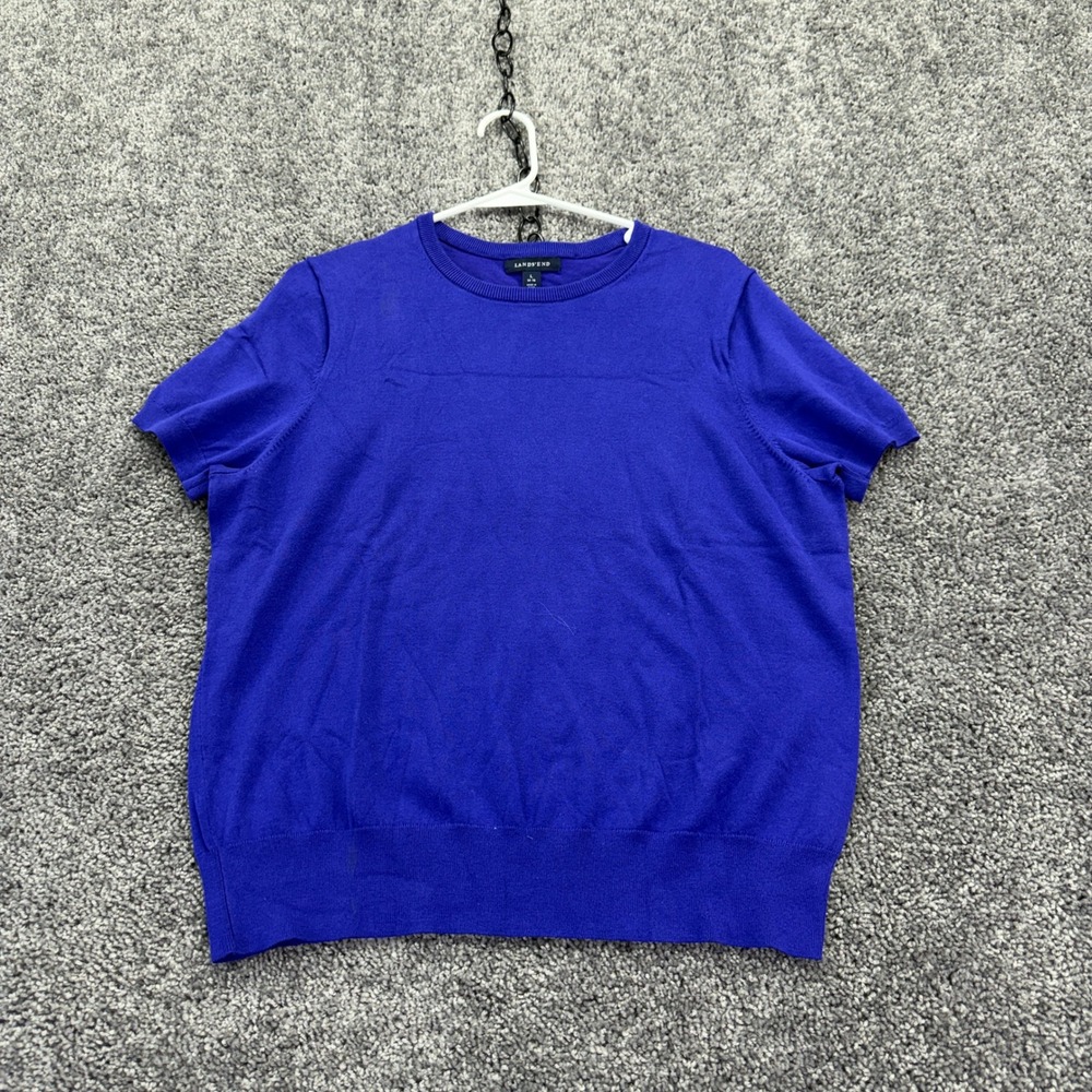 Lands End Sweater Womens Large Blue Short Sleeve Crew Neck Cotton Blend Pullover